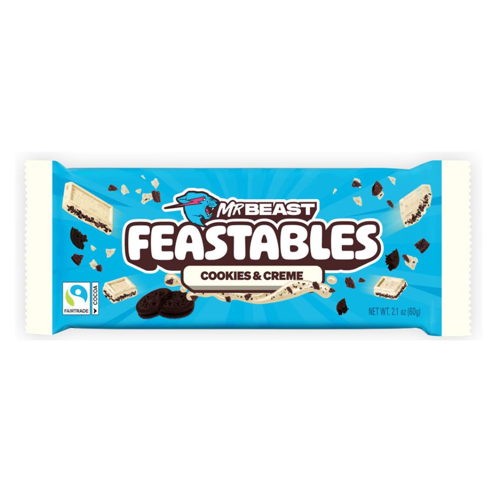 Confezione da 10 di Mr Beast Feastables Cookies & Creme da 60g.