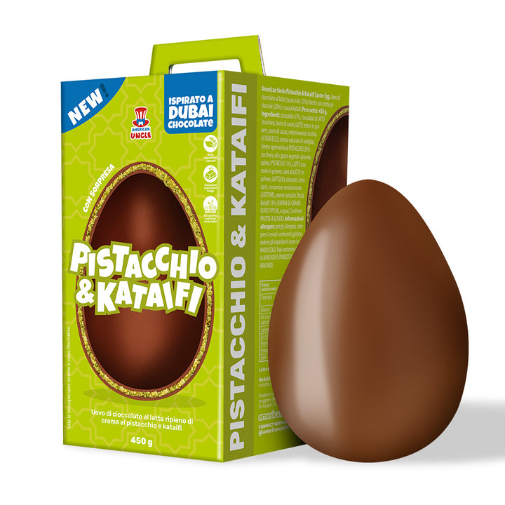 American Uncle Pistachio & Kataifi Easter Egg, Dubai Chocolate Easter egg - milk chocolate filled with Pistachio and Kataifi cream, 450 g 