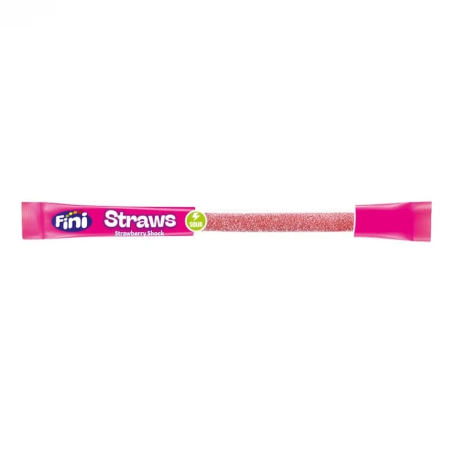 Fini Straws Sour Strawberry, caramella a forma di cannuccia al gusto di fragola frizzante da 25g (Confezione da 50)