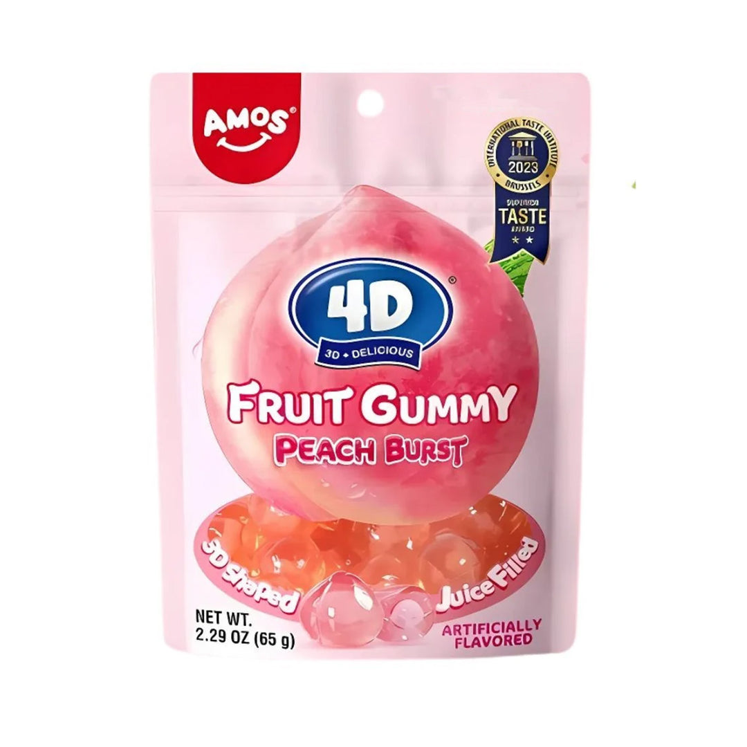 Amos 4D Fruit Gummy Peach Burst, caramelle gommose ripiene al gusto di pesca da 65g (Confezione da 24)