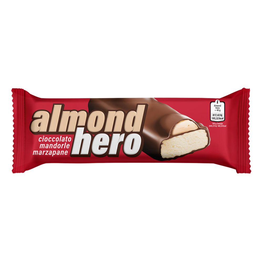 Confezione da 72, barretta di marzapane ricoperta al cioccolato al latte da 40g Almond hero.