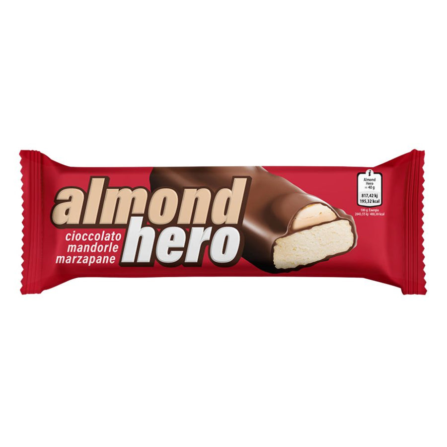 Confezione da 72, barretta di marzapane ricoperta al cioccolato al latte da 40g Almond hero.