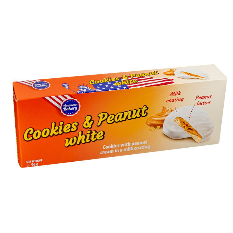 Confezione da 18, biscotti con crema di arachidi ricoperti di latte da 96g American Bakery.