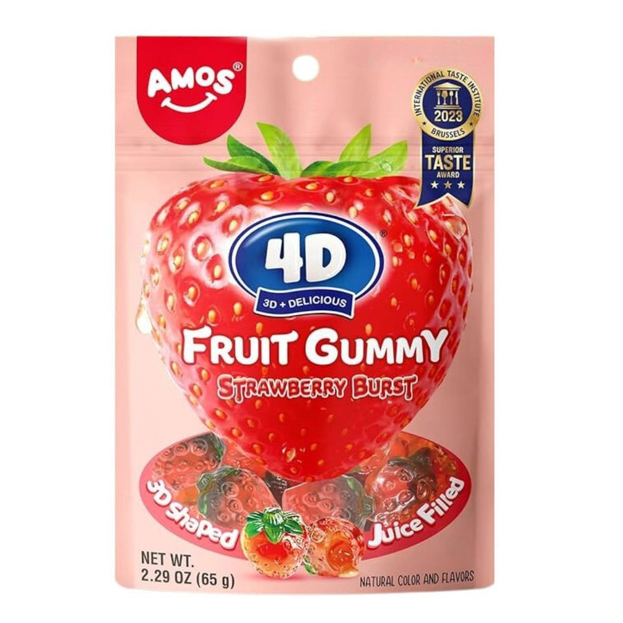 Confezione da 12 di Amos 4D Fruity Gummy Strawberry Burst da 65g.