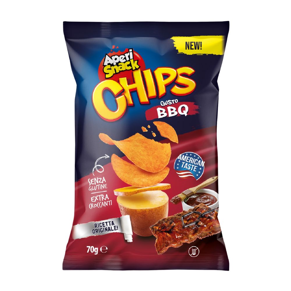 Confezione da 18, patatine fritte al gusto di BBQ a 70g Aperisnack.