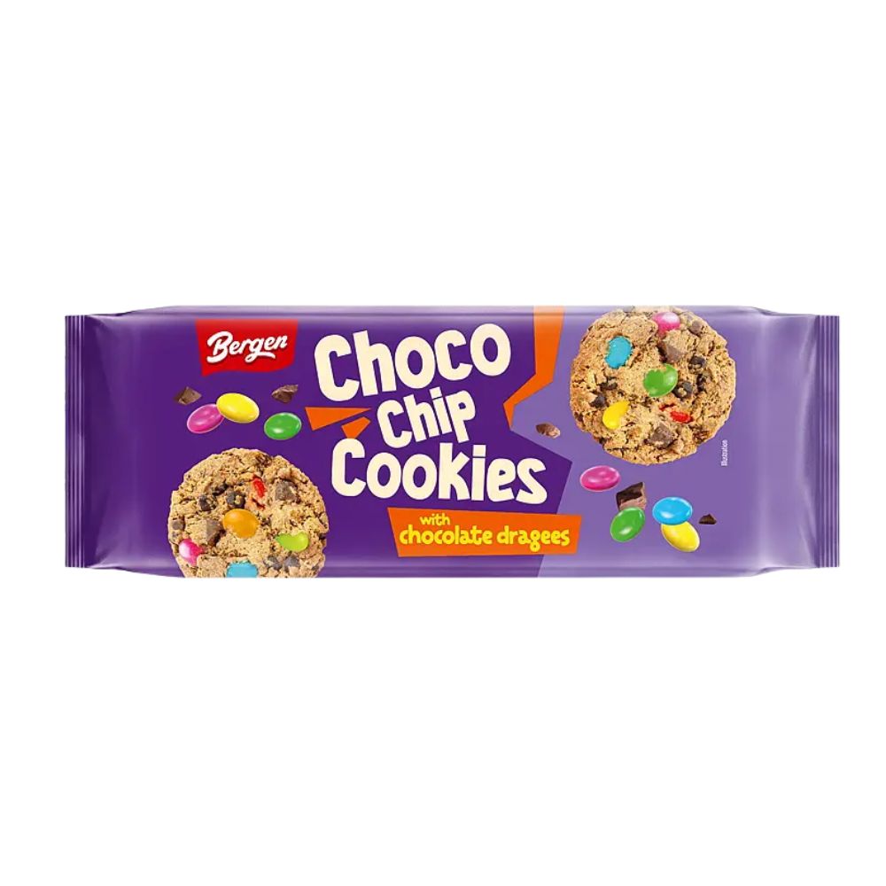 Bergen Chocolate Chip Cookies With Chocolate Dragees, biscotti con pezzetti di cioccolato e smarties da 85g (Confezione da 16)