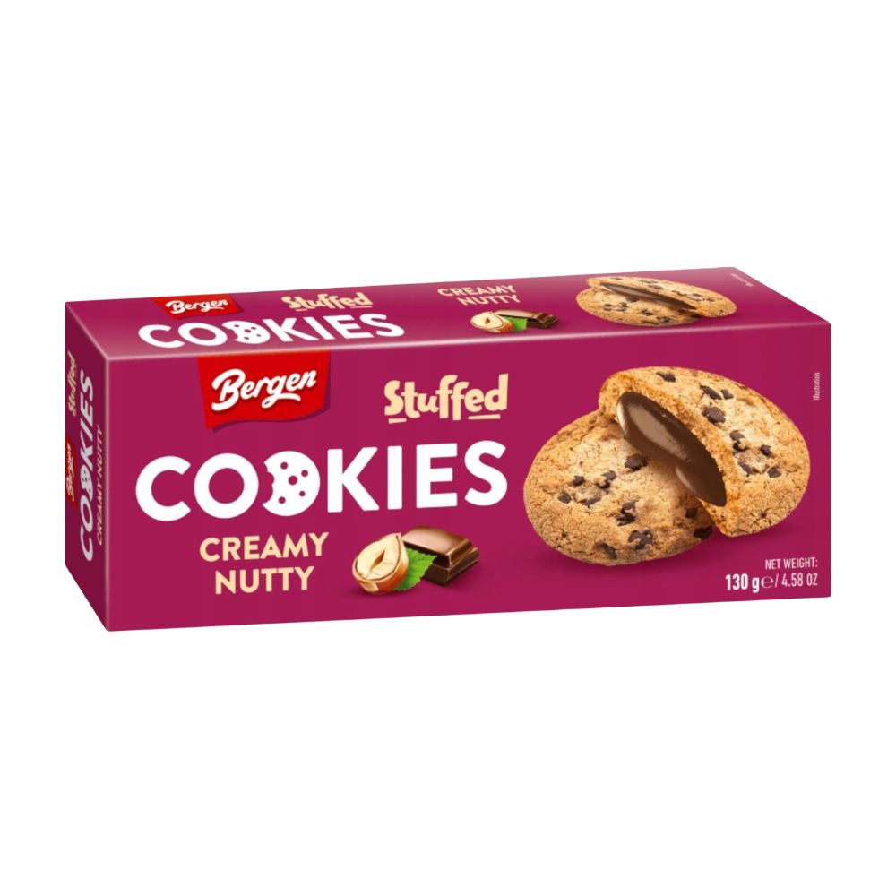 Bergen Stuffed Cookies Creamy Nutty, biscotti ripieni di crema alla nocciola da 130g (Confezione da 18)