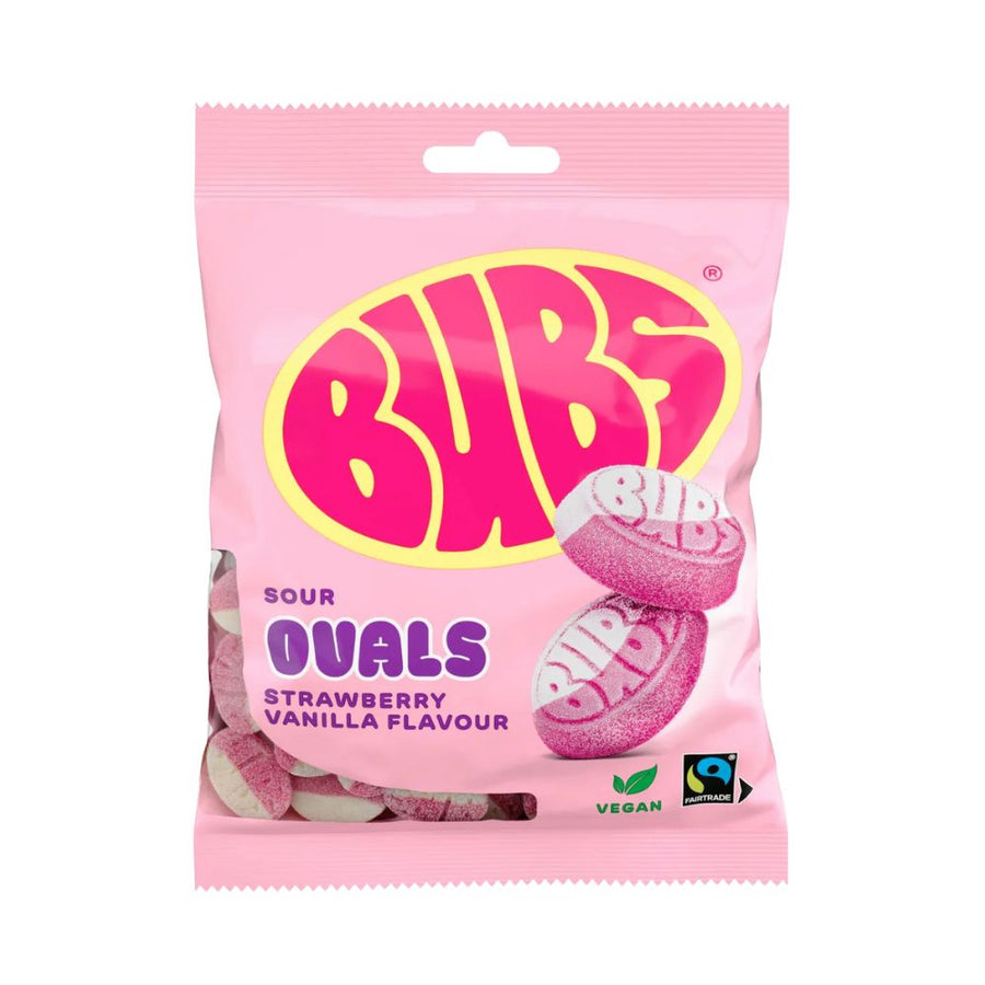 Bubs Sour Ovals Strawberry Vanilla, caramelle gommose aspre al gusto di fragola e vaniglia da 90g.