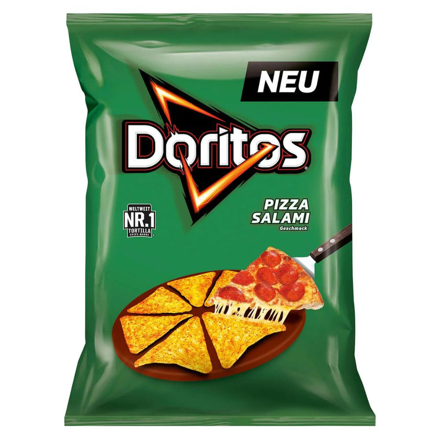 Confezione da 12, snack di mais al gusto di pizza salami da 110g Doritos.