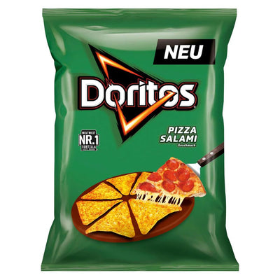 Confezione da 12, snack di mais al gusto di pizza salami da 110g Doritos.