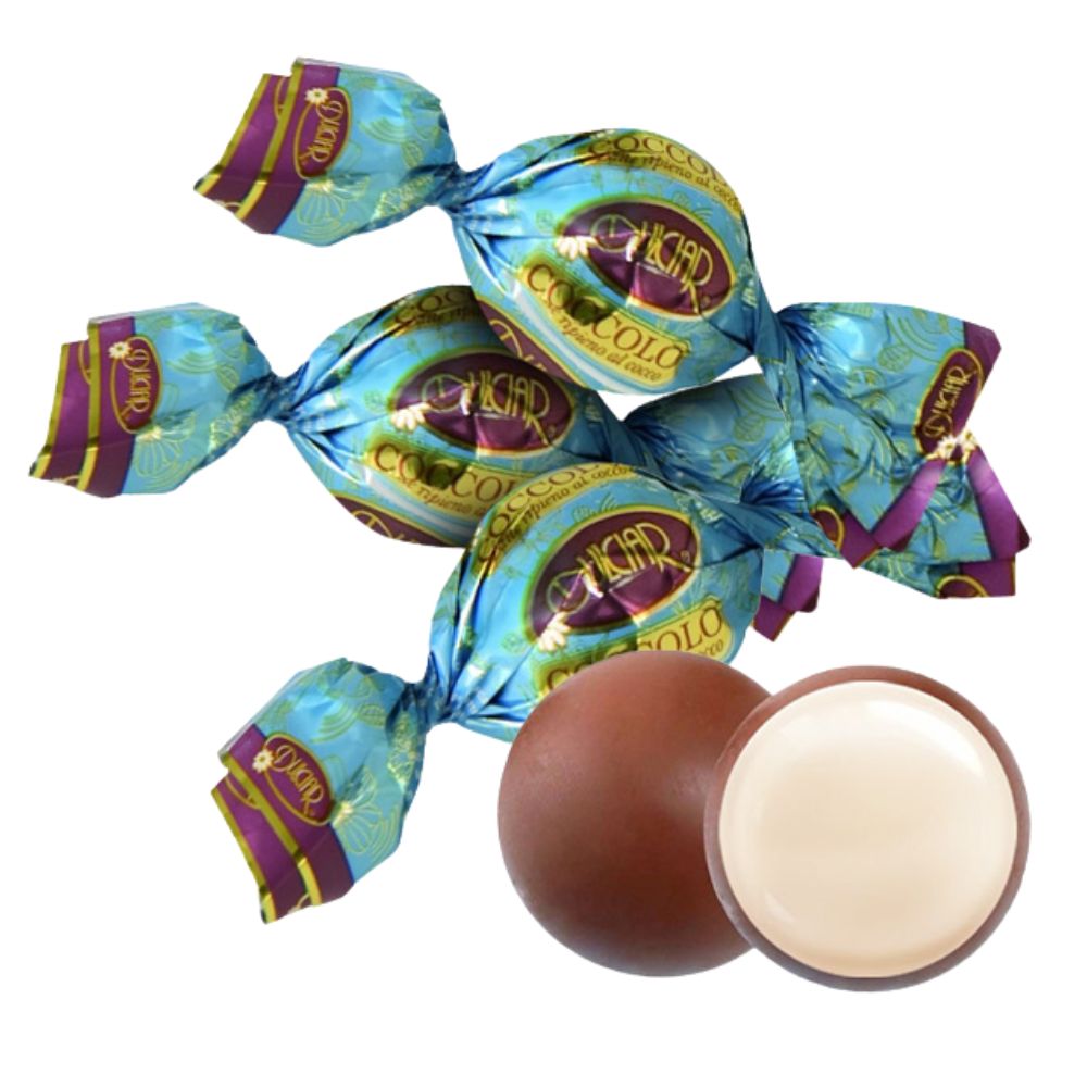 Confezione da 1kg, cioccolatino al latte ripieno di crema al cocco Dulciar.