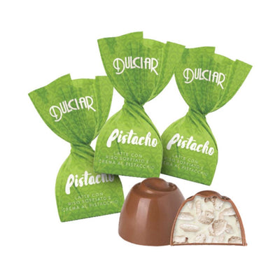 Confezione da 1kg, cioccolatino al latte con riso soffiato e crema al pistacchio Dulciar.