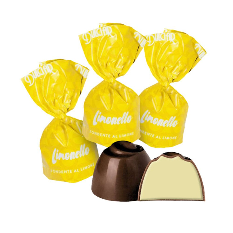 Confezione da 1kg, cioccolatino fondente ripieno di crema al limone Dulciar.