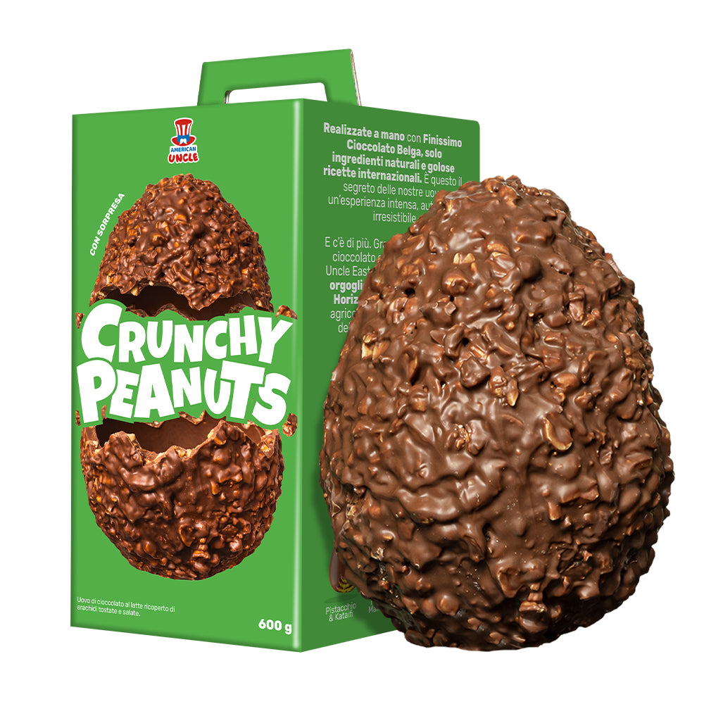 American Uncle Crunchy Peanuts Easter Egg, uovo di Pasqua di cioccolato al latte ricoperto di arachidi tostate salate da 600g