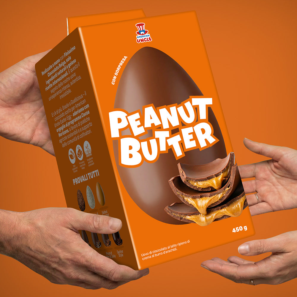 American Uncle Peanut Butter Easter Egg, uovo di Pasqua di cioccolato al latte ripieno di crema al burro d'arachidi da 450 g