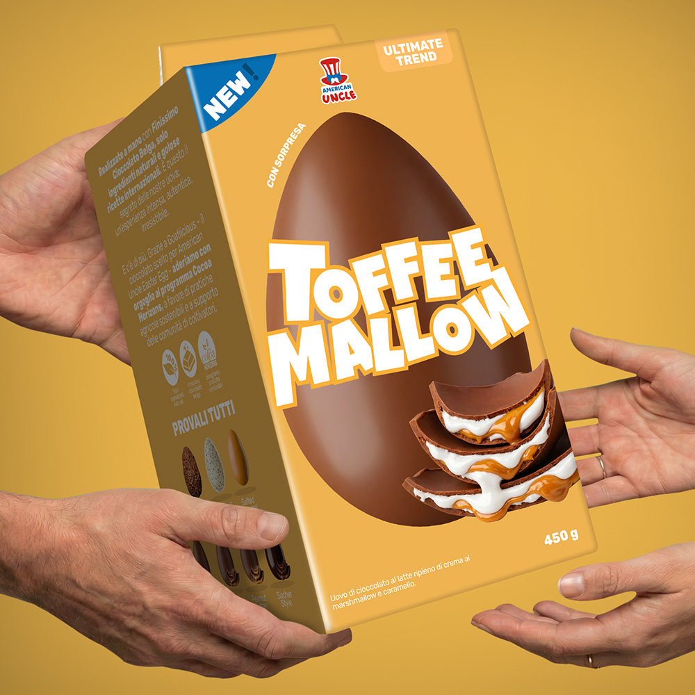 American Uncle Toffee Mallow Easter Egg, uovo di Pasqua di cioccolato al latte ripieno di crema al marshmallow e caramello da 450 g