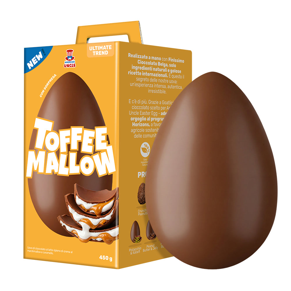 American Uncle Toffee Mallow Easter Egg, uovo di Pasqua di cioccolato al latte ripieno di crema al marshmallow e caramello da 450 g