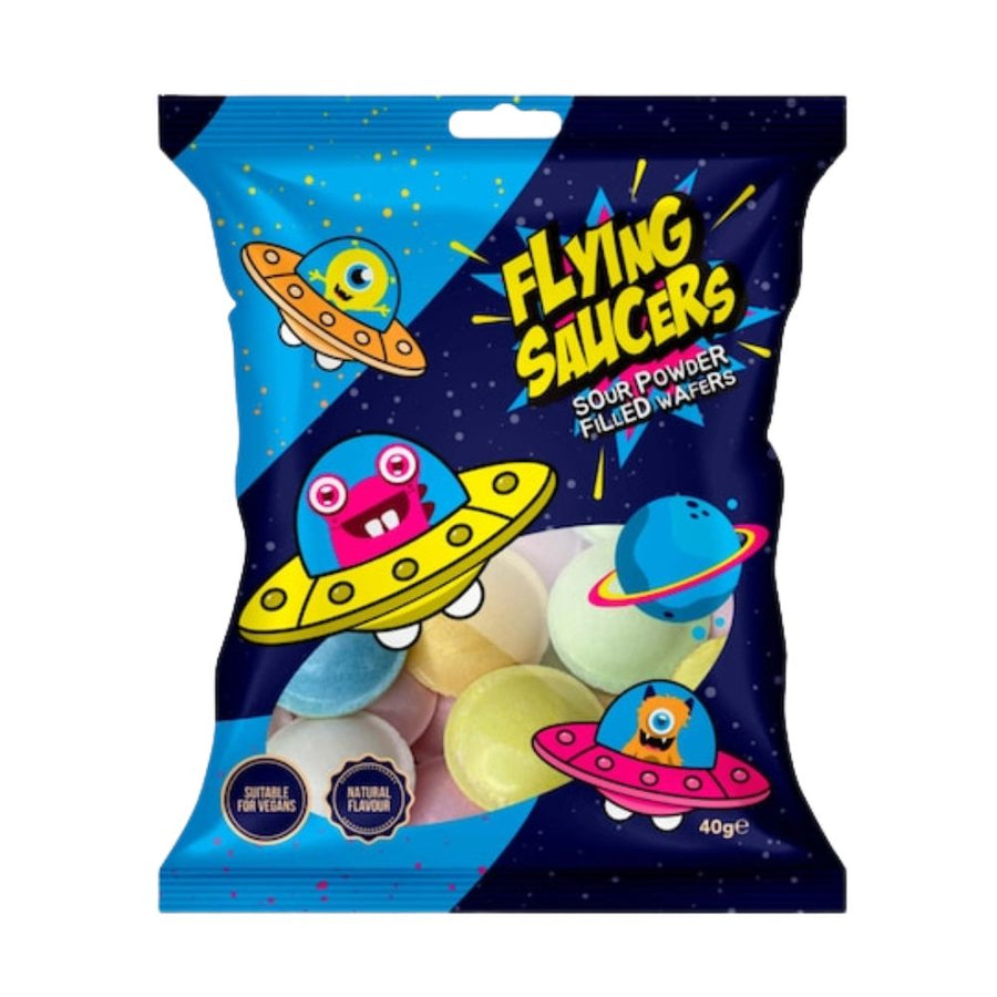 Confezione da 24, flying Saucers Sour Powder Filled Wafersm da 40g.