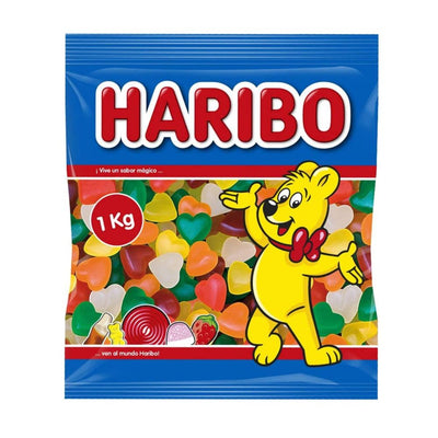 Confezione da 1kg, Haribo Cuori Teneri.
Caramelle gommose al gusto di frutta.