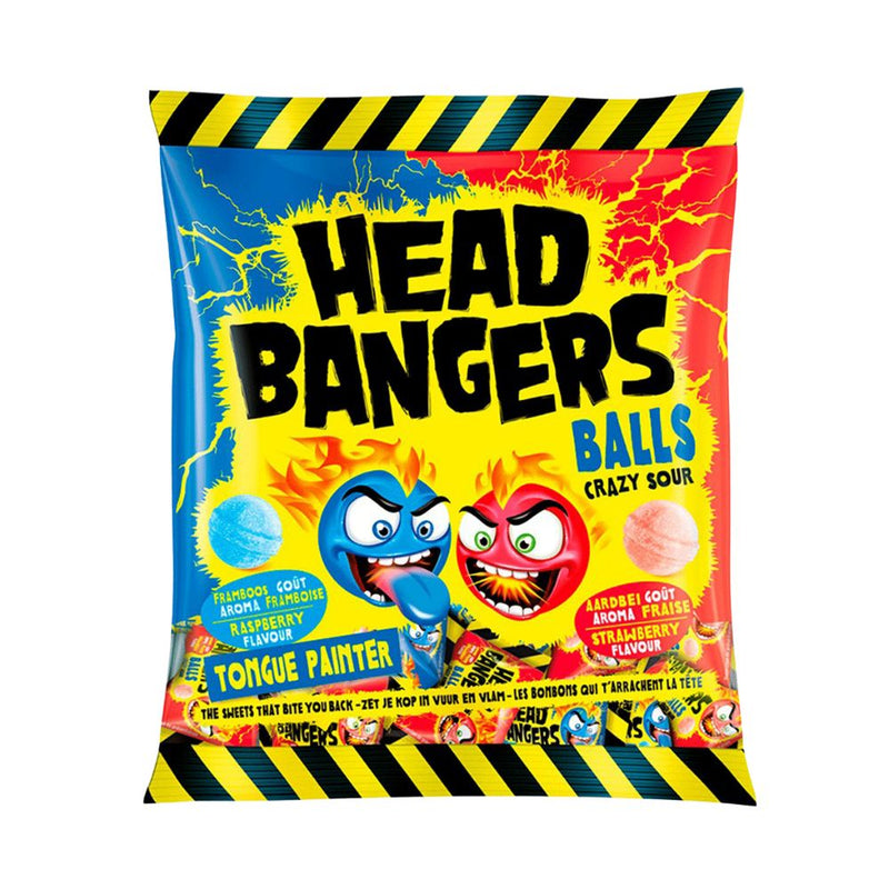 HeadBangers Balls Crazy Sour, saure Bonbons mit Erdbeer- und Himbeergeschmack 135g (Packung mit 16) 