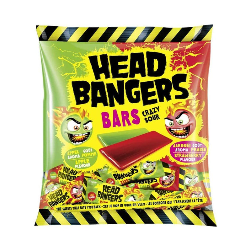HeadBangers Bars Crazy Sour, caramelle aspre al gusto di mela e fragola da 200g (confezione da 16)