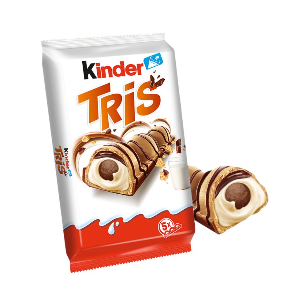 Kinder Tris, Packung mit 5 knusprigen Waffeln mit Milchcreme und Schokoladentopping, 100 g (Packung mit 14) 