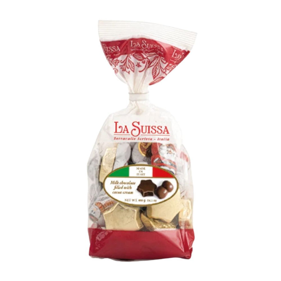 La Suissa Busta Rossa Fiocco Di Natale, praline di cioccolato al latte ripiene di crema gianduia da 400g.