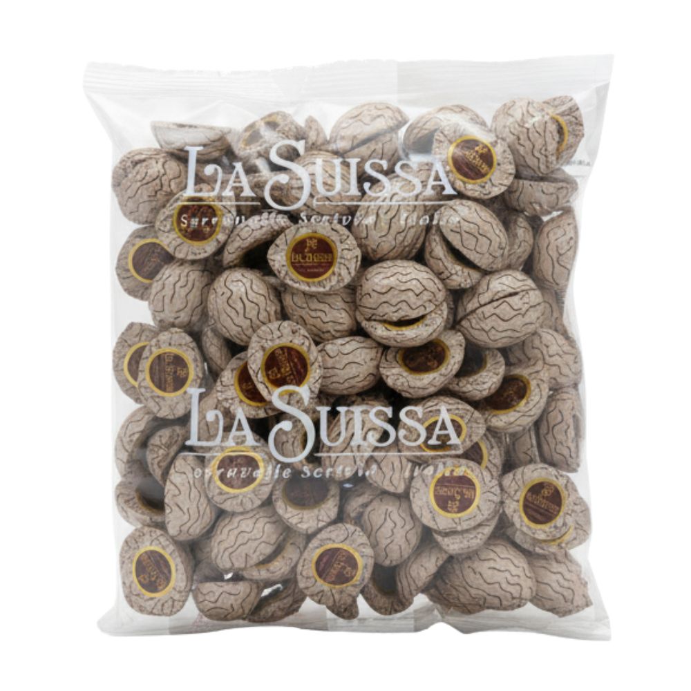 Confezione da 1kg, La Suissa Noci, praline di cioccolato al latte ripiene di crema al gusto di noce.