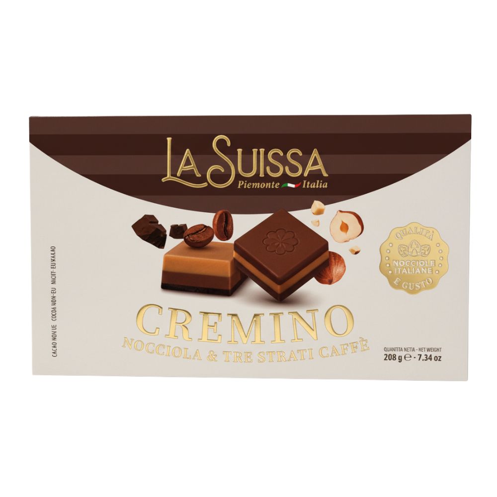La Suissa Scatola Pralina Cremino, 18 cioccolatini assortiti al caffè e alla nocciola da 208g.