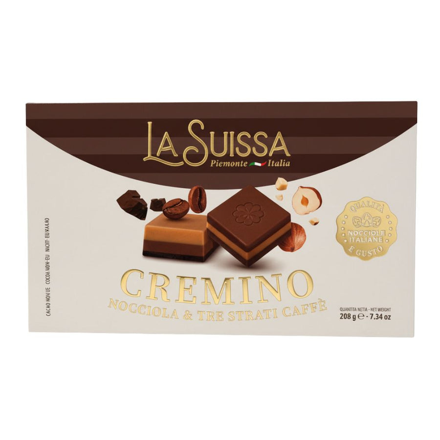 La Suissa Scatola Pralina Cremino, 18 cioccolatini assortiti al caffè e alla nocciola da 208g.