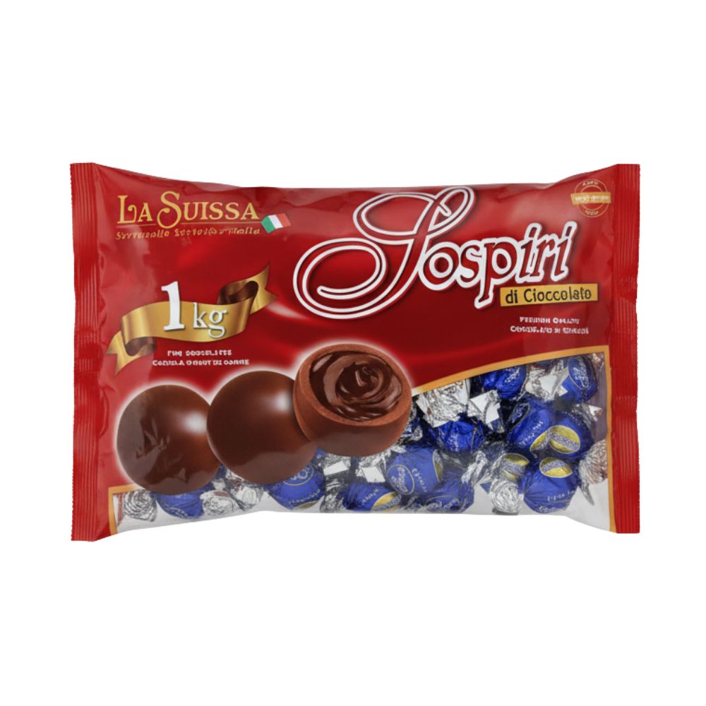 La Suissa Sospiri Cuore Morbido Fondente, praline di cioccolato fondente ripiene di morbida crema (Confezione da 1kg).