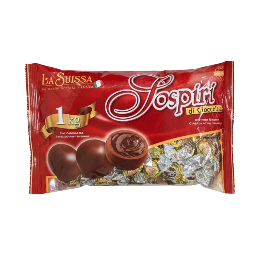 La Suissa Sospiri Dark, praline di cioccolato fondente Extra ripiene di morbida crema gianduia (Confezione da 1kg).
