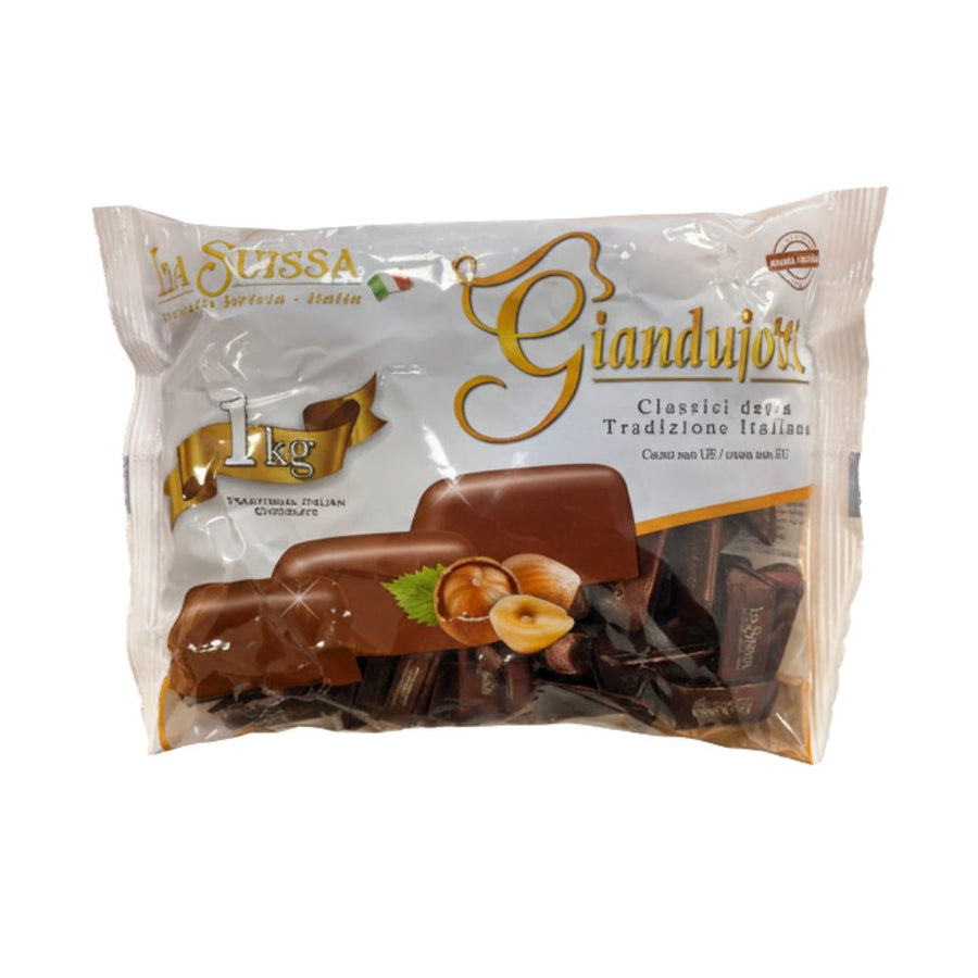 La Suissa Gianduiotti Dark, cioccolatino fondente ripieno di cioccolato alle nocciole gianduia (Confezione da 1kg).