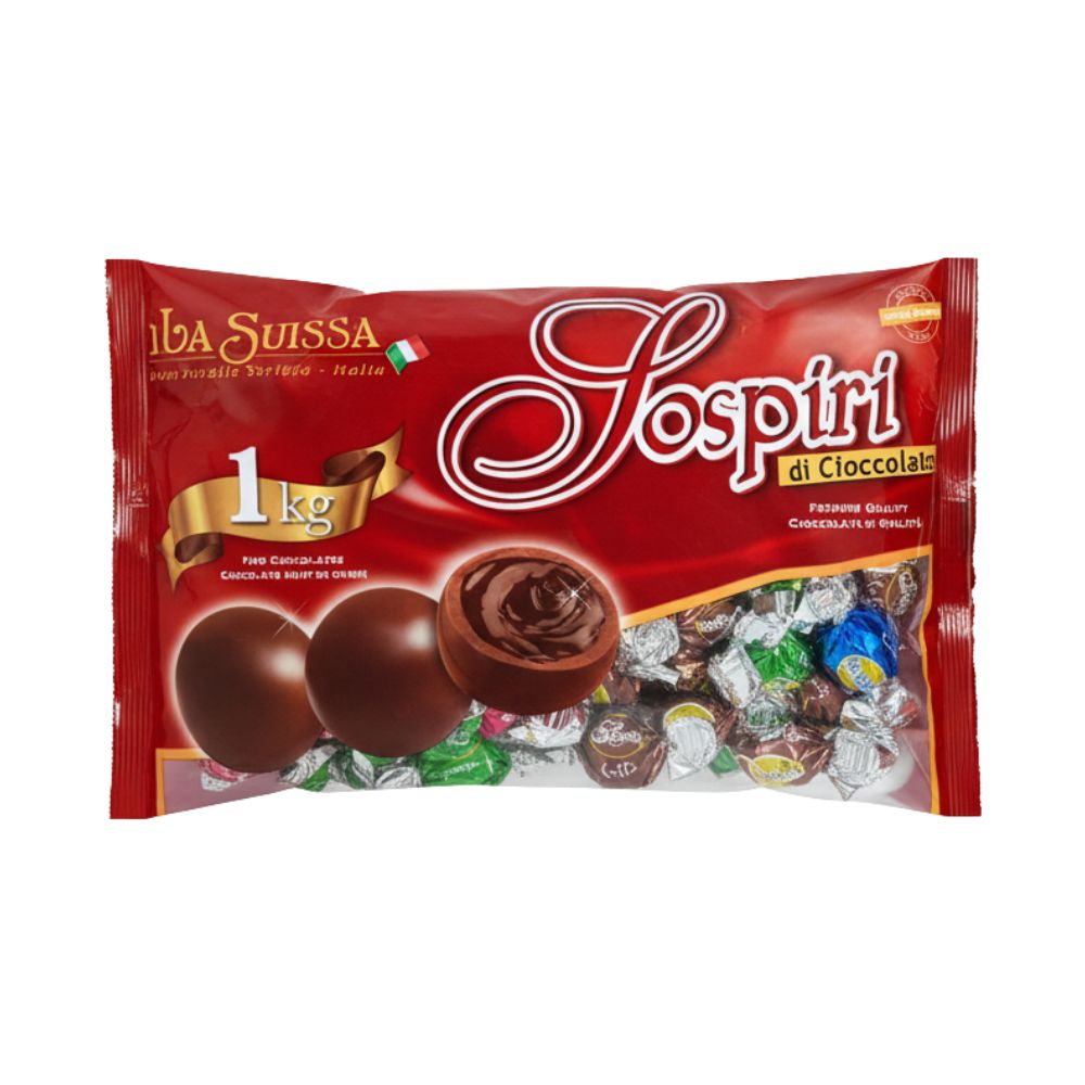 La Suissa Sospiri Crema, praline assortite di cioccolato ripiene di morbida crema al cacao, caffè, nocciola e amaretto (Confezione da 1kg).
