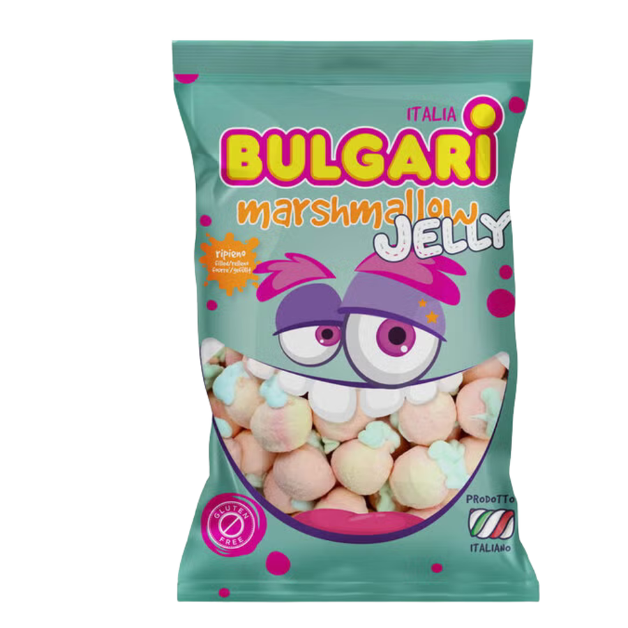 Confezione da 1kg, marshmallow a forma di pesca e ripieni di gelatina al gusto di pesca Bulgari.