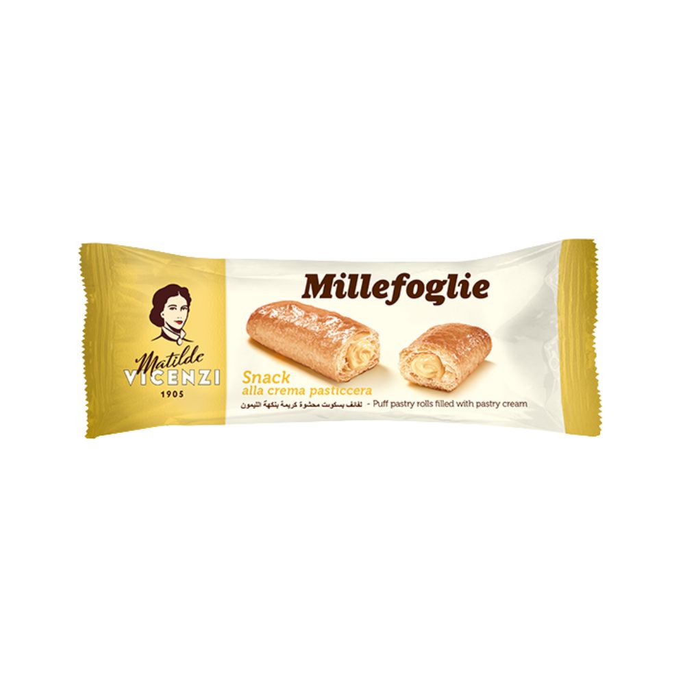 Matilde Vicenzi Millefoglie Crema, cannoncini di pasta sfoglia ripieni con crema di pasticceria da 25g (Confezione da 30).