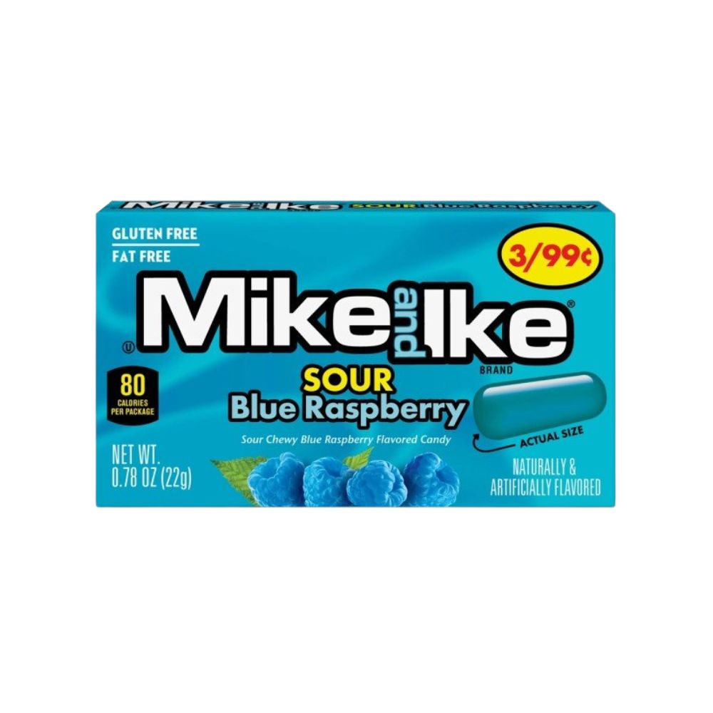 Mike and Ike Sour Blue Raspberry, raspberry-flavored candies weighing 22g.