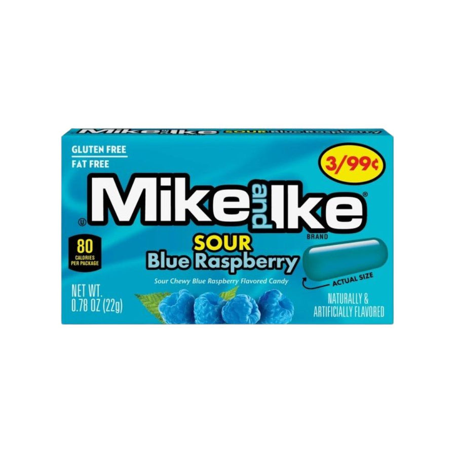 Mike and Ike Sour Blue Raspberry, raspberry-flavored candies weighing 22g.