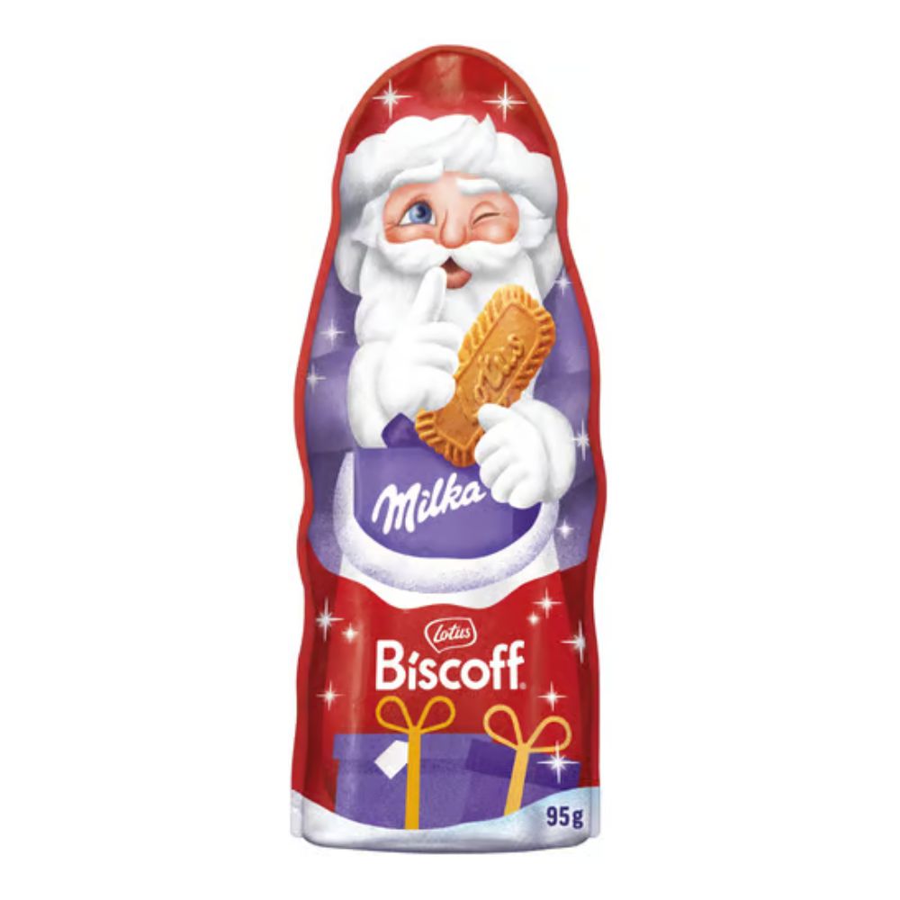 Milka čokoladni Djed Mraz Lotus Biscoff, alpska mliječna čokolada s komadićima karameliziranih keksa od 95g (komada 14) 