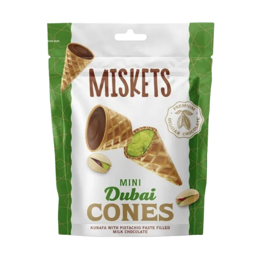 Miskets Mini Dubai Cones, coni di cialda con ripieno di pistacchio e cioccolato al latte da 50g (Confezione da 12).