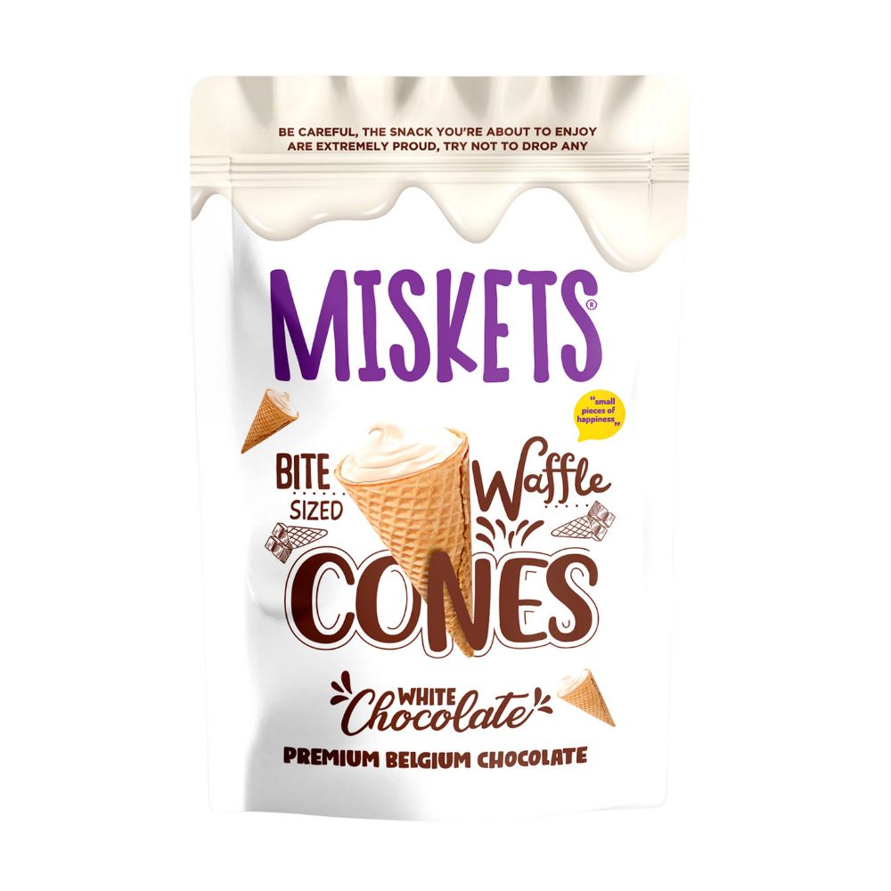 Miskets Cones With White Chocolate, coni di cialda con ripieno di cioccolato bianco da 70g (Confezione da 12).