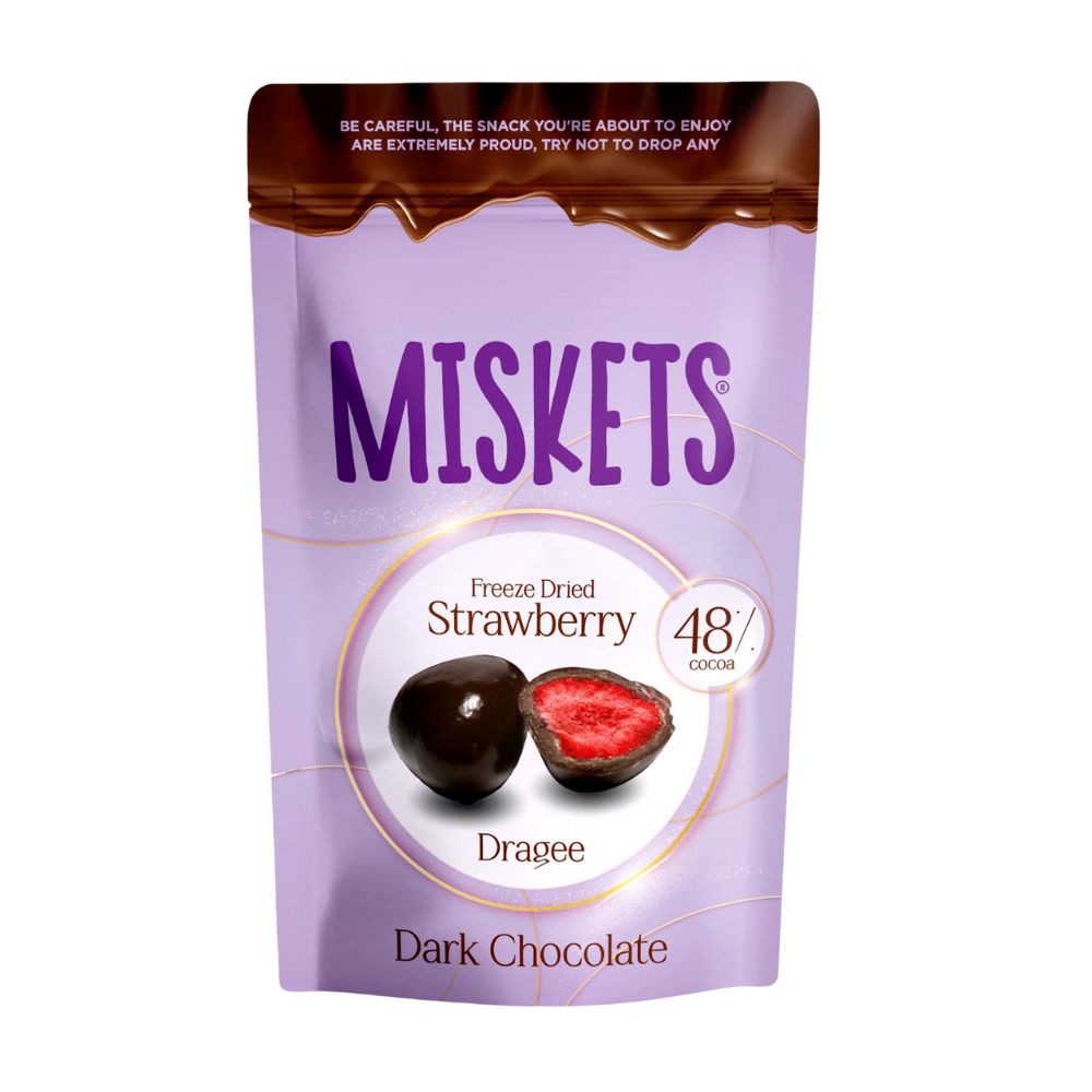 Miskets Freeze Dried Strawberry Dark Chocolate, fragola liofilizzata ricoperti di cioccolato fondente da 80g (Confezione da 12).
