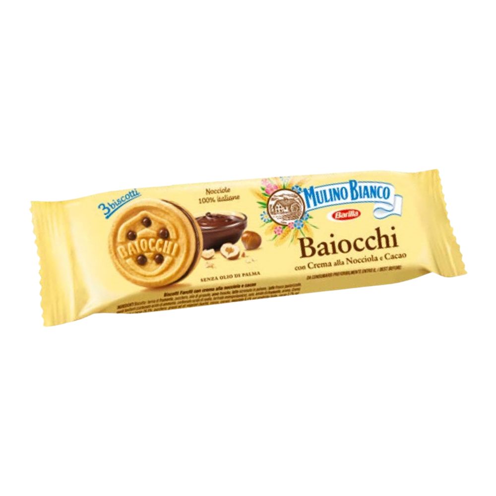 Mulino Bianco Baiocchi, biscotto ripieno di crema di nocciole e cacao da 28g (Confezione da 42).