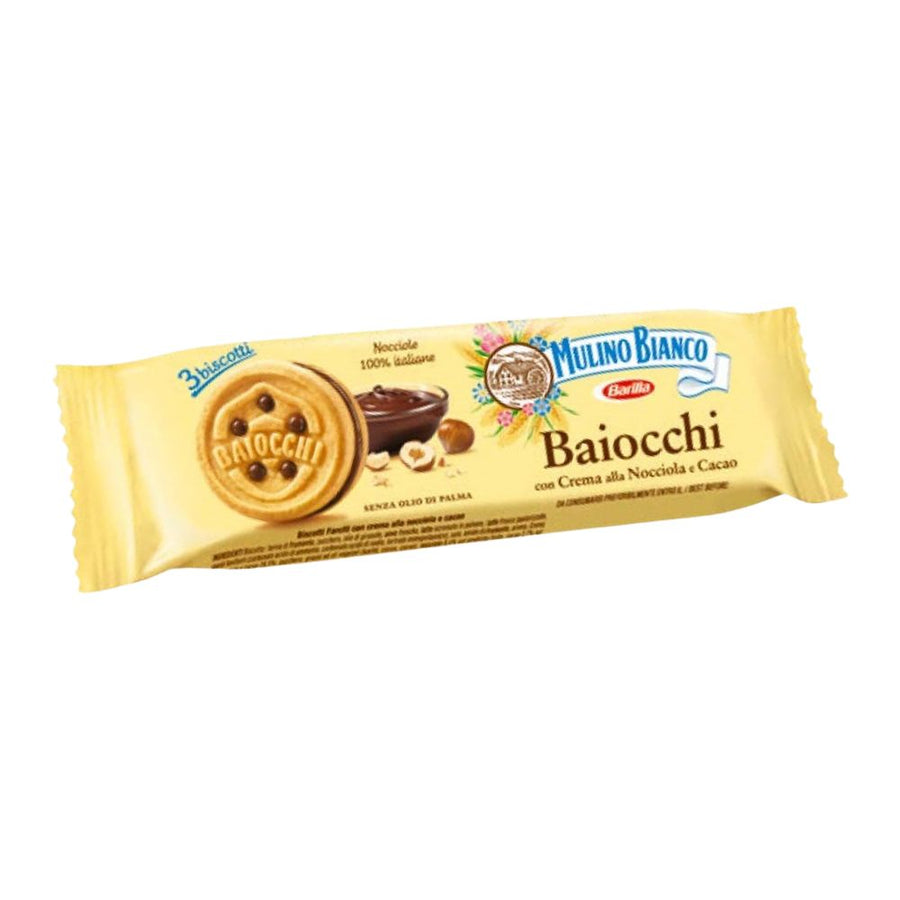 Mulino Bianco Baiocchi, biscotto ripieno di crema di nocciole e cacao da 28g (Confezione da 42).
