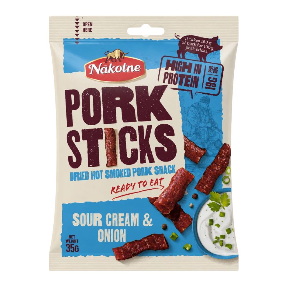 Pork Sticks Sour Cream & Onion, getrockneter Schweinesnack mit Sauerrahm-und-Zwiebel-Geschmack, 35 g (10er-Packung) 