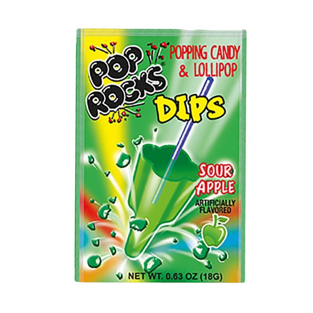 Confezione da 18, Pop Rocks Dips Sour Apple da 18g.