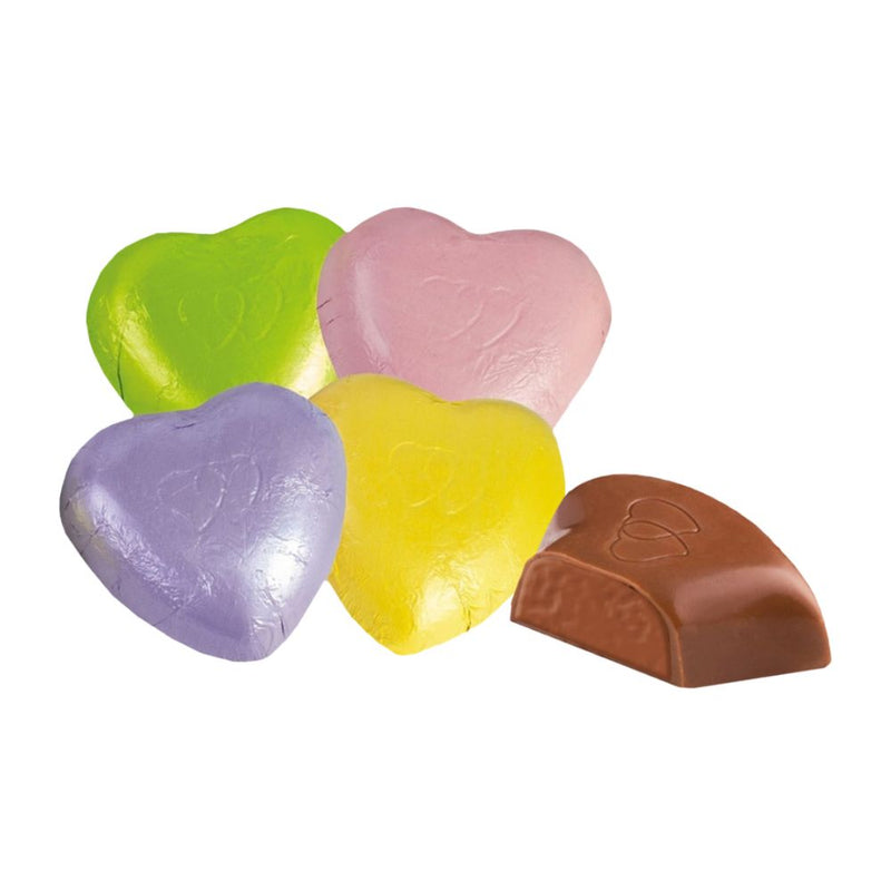 Rainbow Choco Hearts, cœurs en chocolat au lait fourrés de crème de noisette (Emballage de 1kg) 