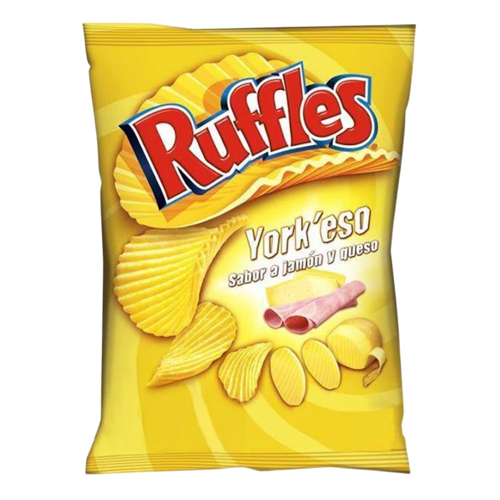 Confezione da 19, Ruffles York'eso patatine al gusto di formaggio e prosciutto da 150g.