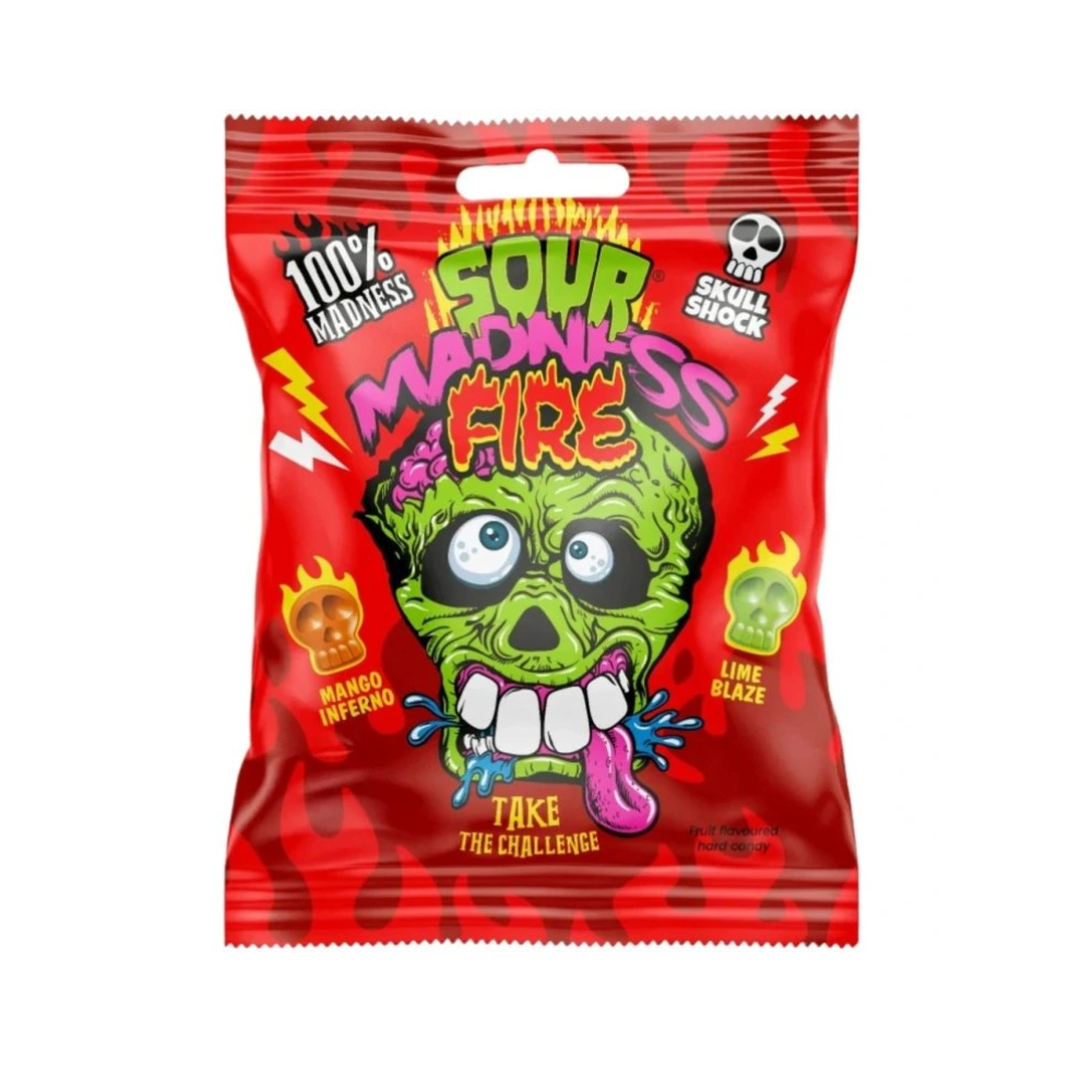 Sour Madness Fire, caramelle dure piccanti al gusto di mango e lime da 60gr (Confezione da 14)