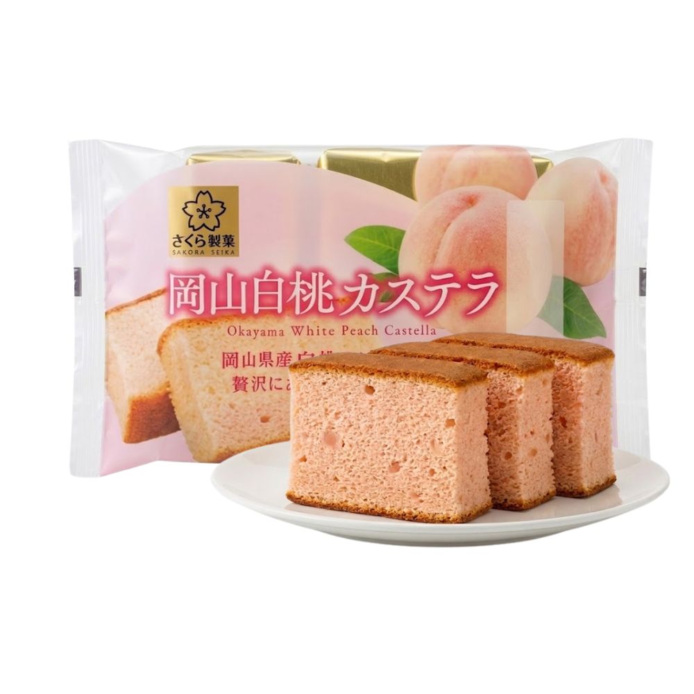 Confezione da 12 di Sakura Seika Okayama White Peach Castella da 130g.